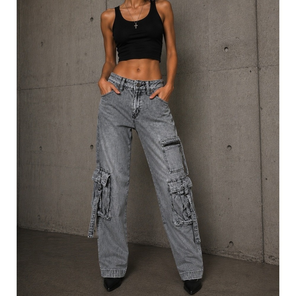 Wild Fable Gray Cargo Pants Wide Leg High Rise Utility Denim Jeans Womens Size 0